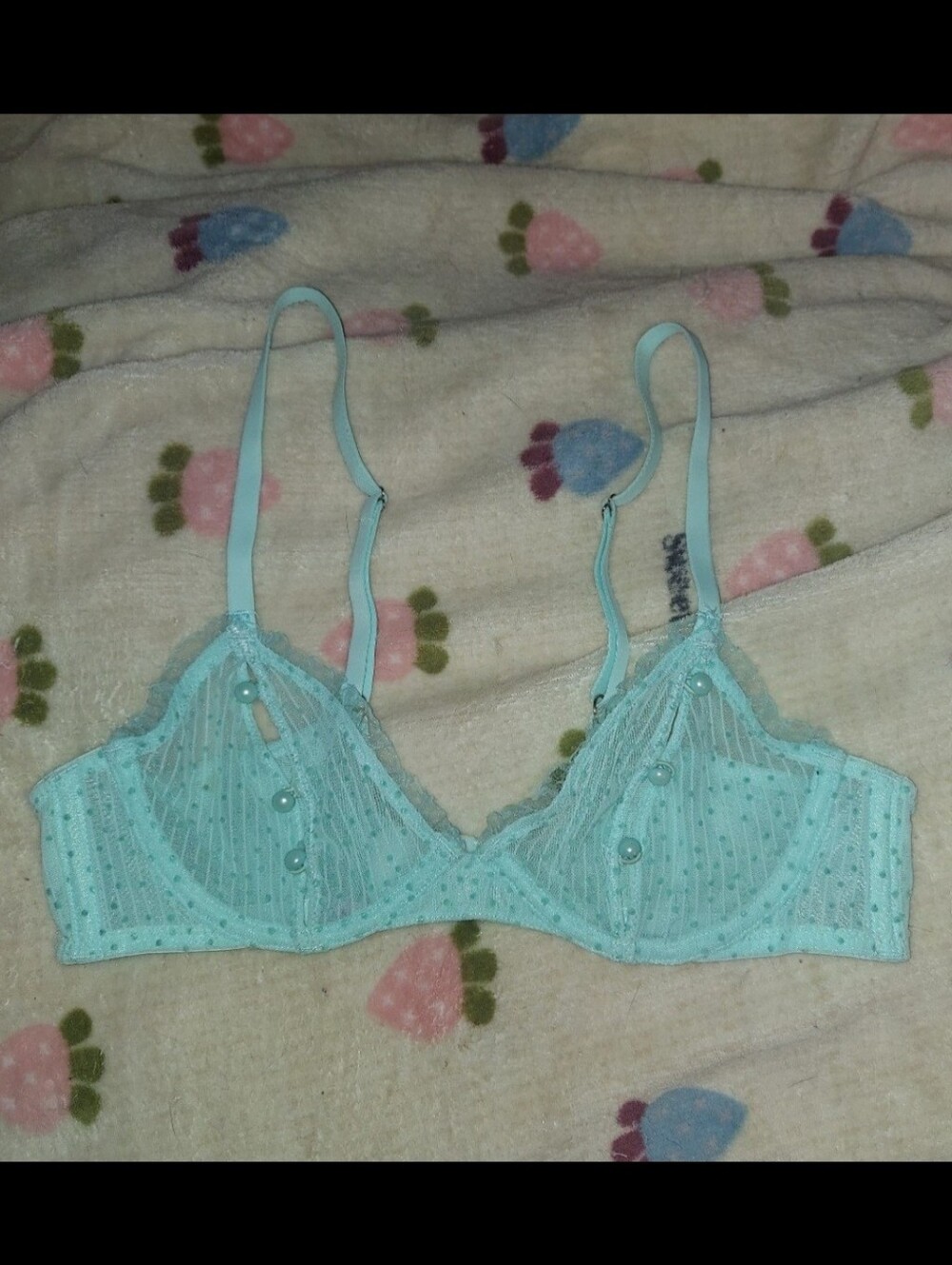 Cyan mesh polka dot button cup bra